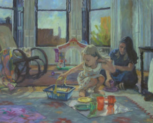 painting of woman playing with girl