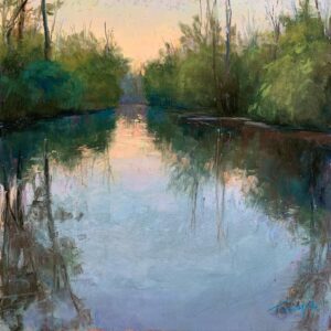 Landscape painting by artist Takeyce Walter. A large body of water is framed by trees during dusk.