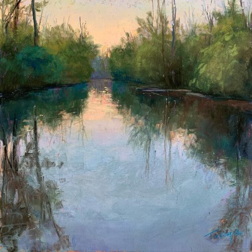 Landscape painting by artist Takeyce Walter. A large body of water is framed by trees during dusk.